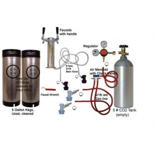 2 FAUCET STAINLESS ECONOMY TOWER KIT WITH TWO CORNELIUS/FIRESTONE KEGS, DUAL CHECK VALVES.